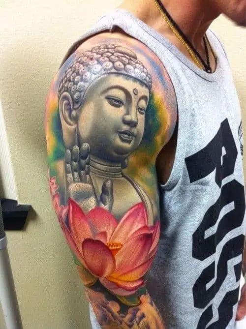 Large And Colorful Buddha Tattoo Over Shoulder