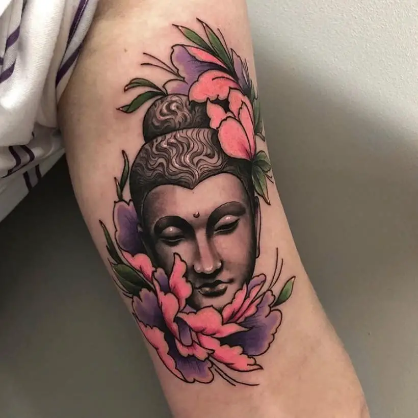 Purple And Pink Flower Tattoo With Buddha Symbols