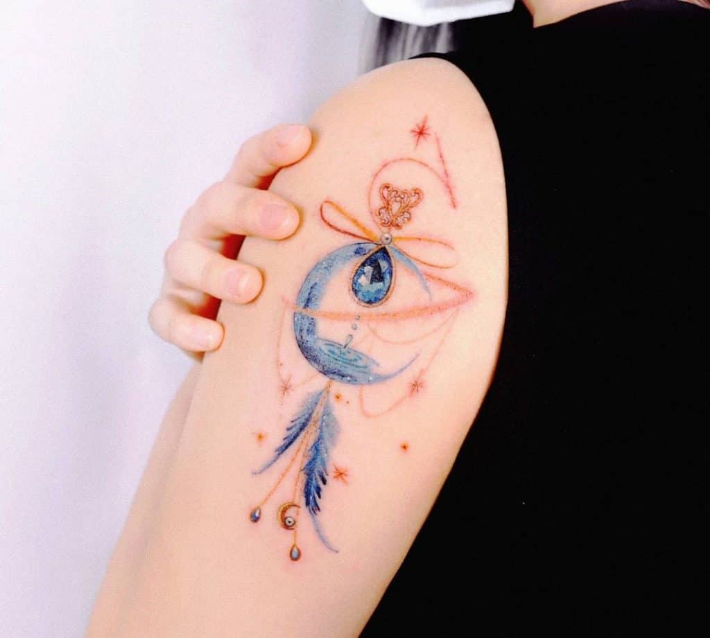 Dream Catcher Tattoo Small Blue Design