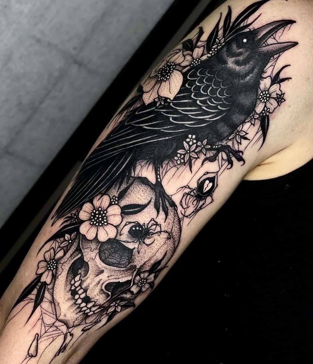 Evil Crow Tattoo Design With Flower Details 