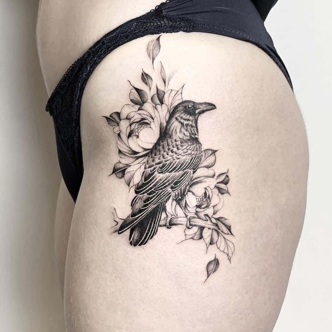Feminine Raven Tattoo Designs On Leg