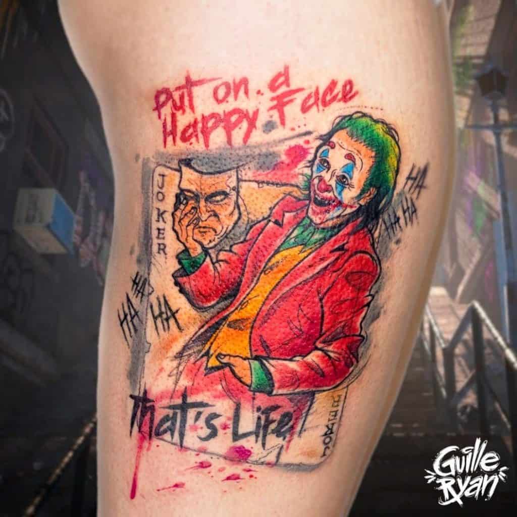 Joker Face Tattoos On Arm With A Quote 