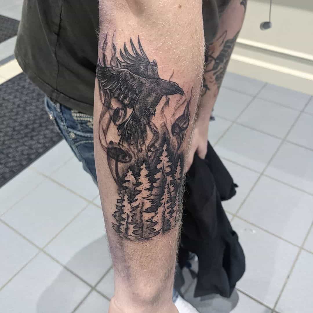 Mysterious Forest Inspired Raven Crow Tattoo 