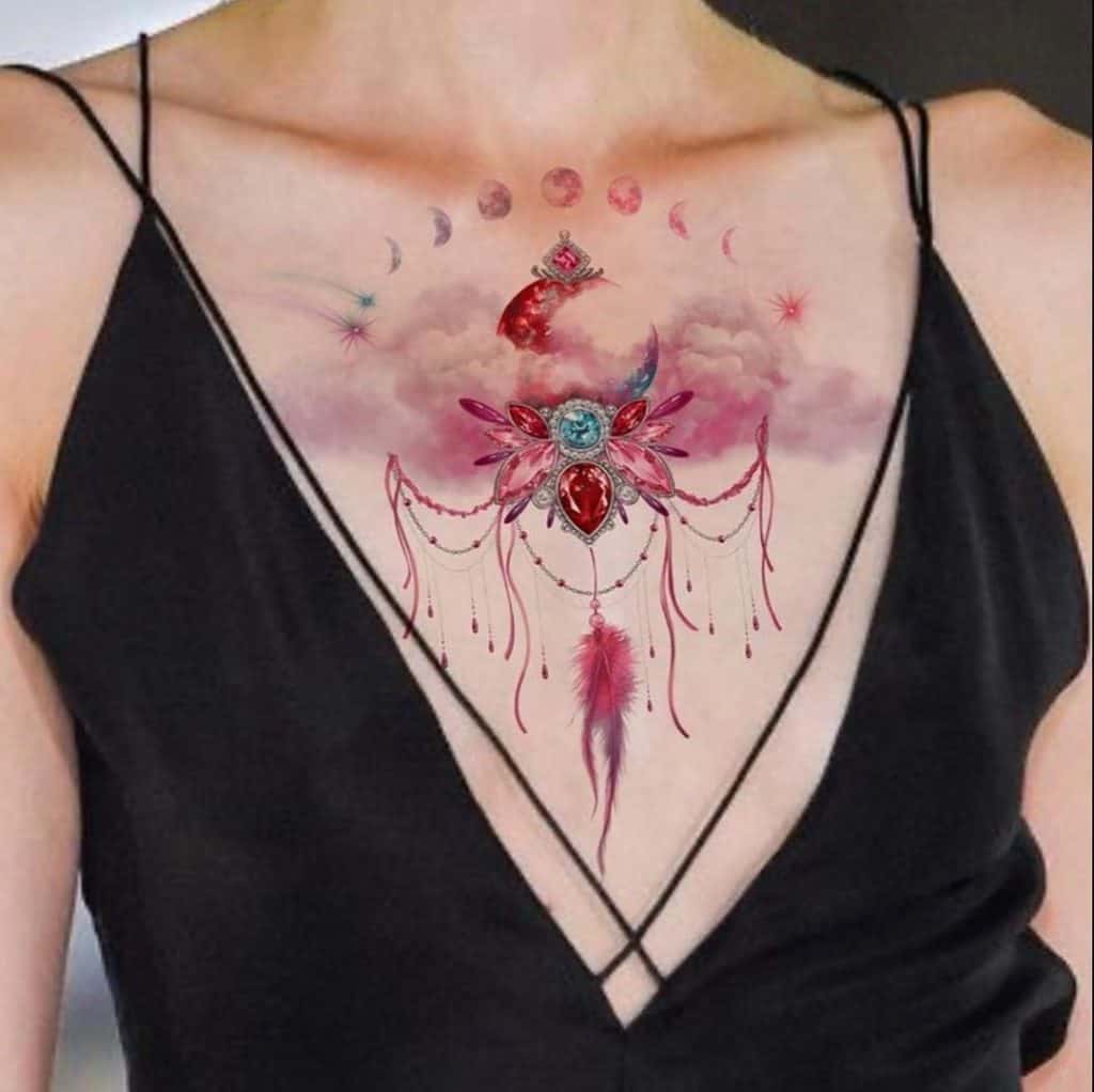 Pink Dream Catcher Tattoo Under Breast