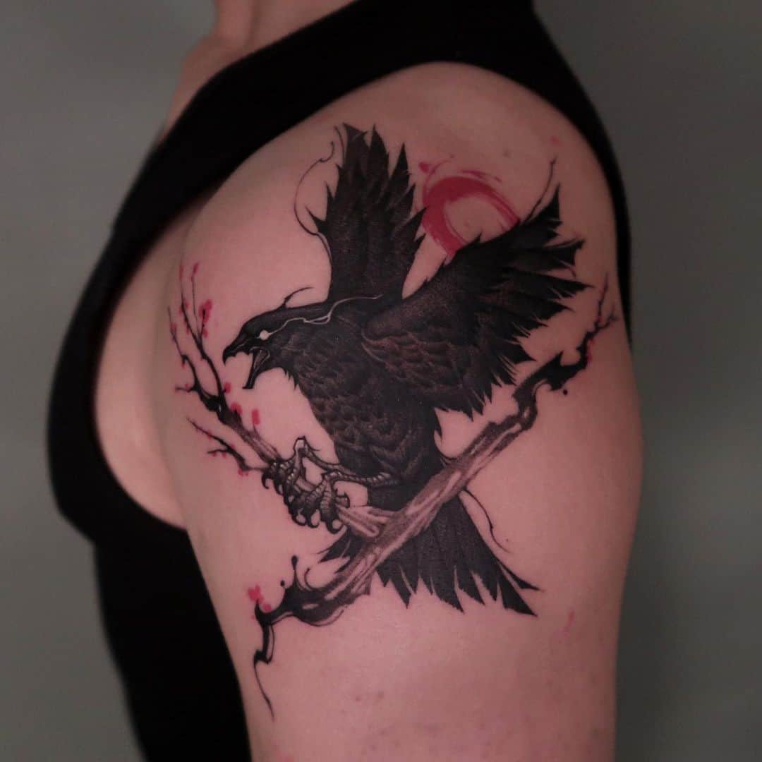 Raven Tattoo Designs On Shoulder With Red Ink
