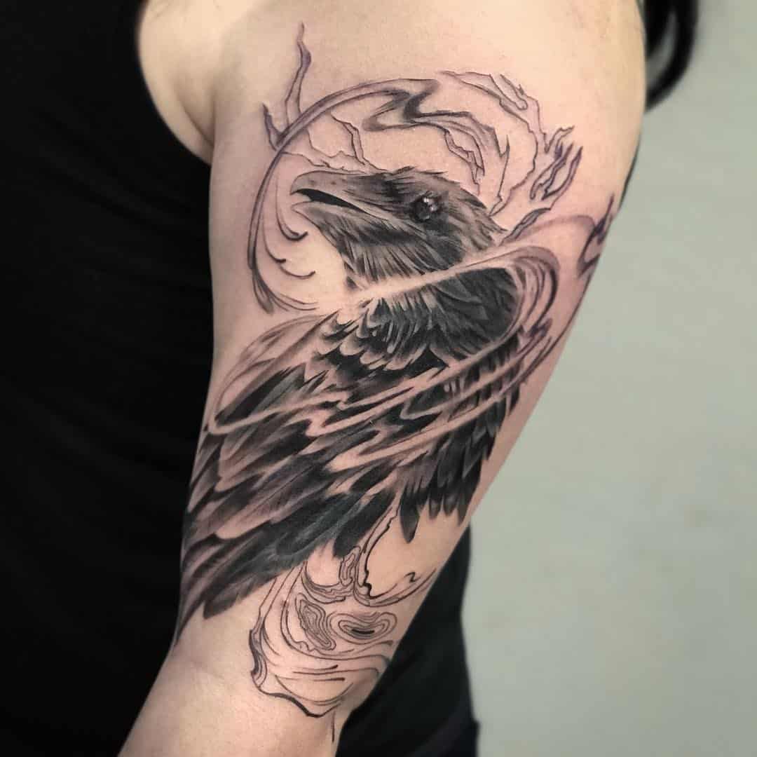 Swirl Inspired Raven Tattoo Over Shoulder 