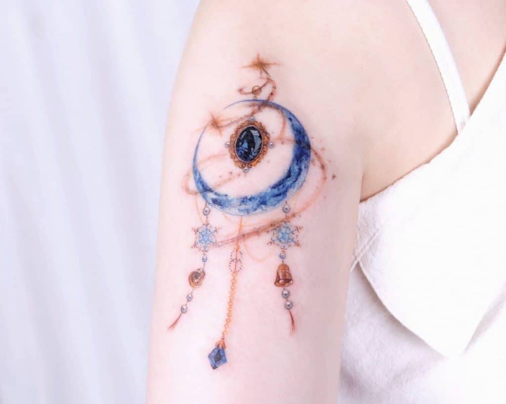 Unique Dream Catcher Tattoo With Blue Ink