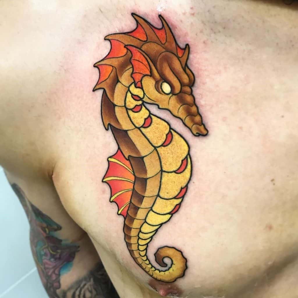 Chest & Colorful Seahorse Tattoo Design
