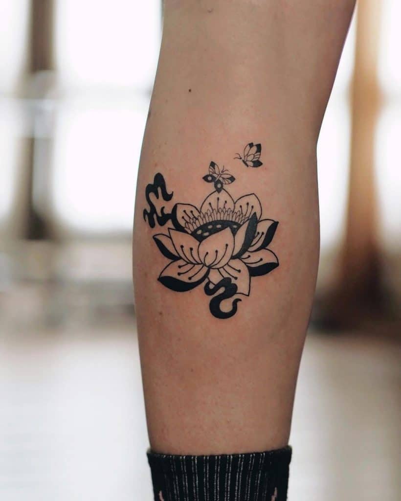 Chinese Flower Lotus Tattoo Over Leg