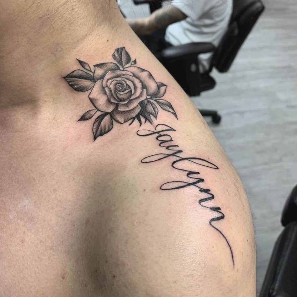 Rose Tattoo With Name On Shoulder 
