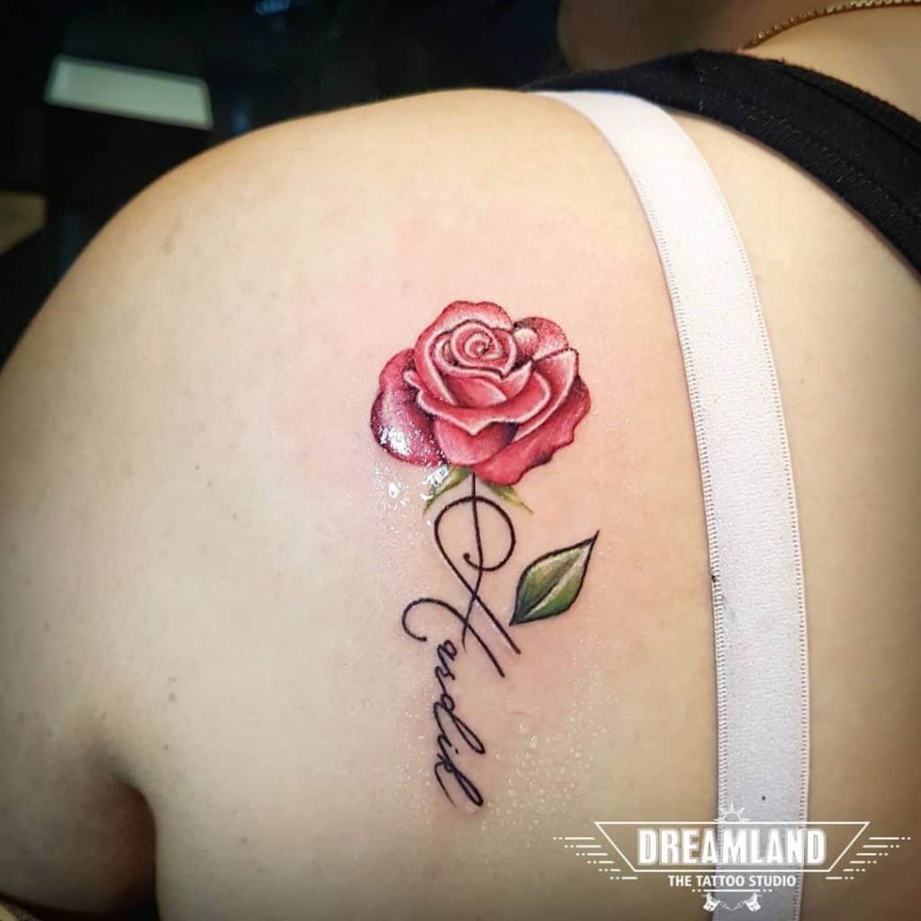 Shoulder Piece Red Rose Tattoo With Name