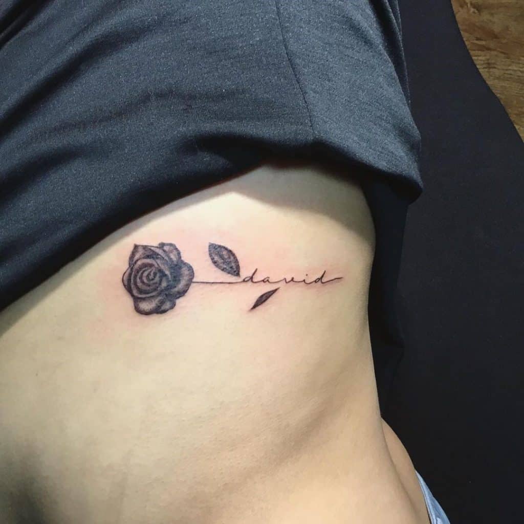 Small Rose Tattoo With Name Stem Design