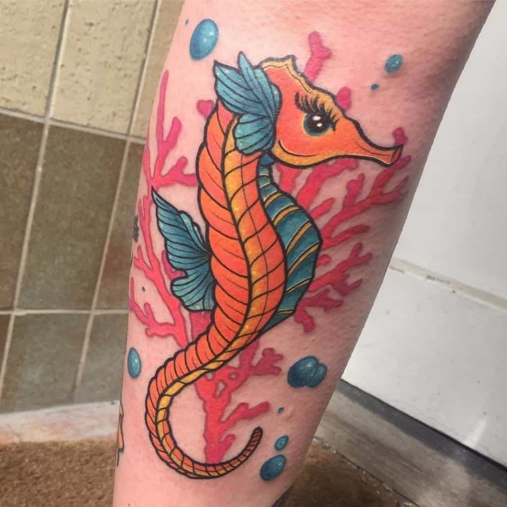 Watercolor Seahorse Red Tattoo on Leg