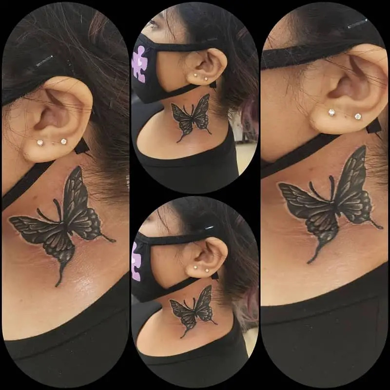 butterfly tattoo on the neck of women