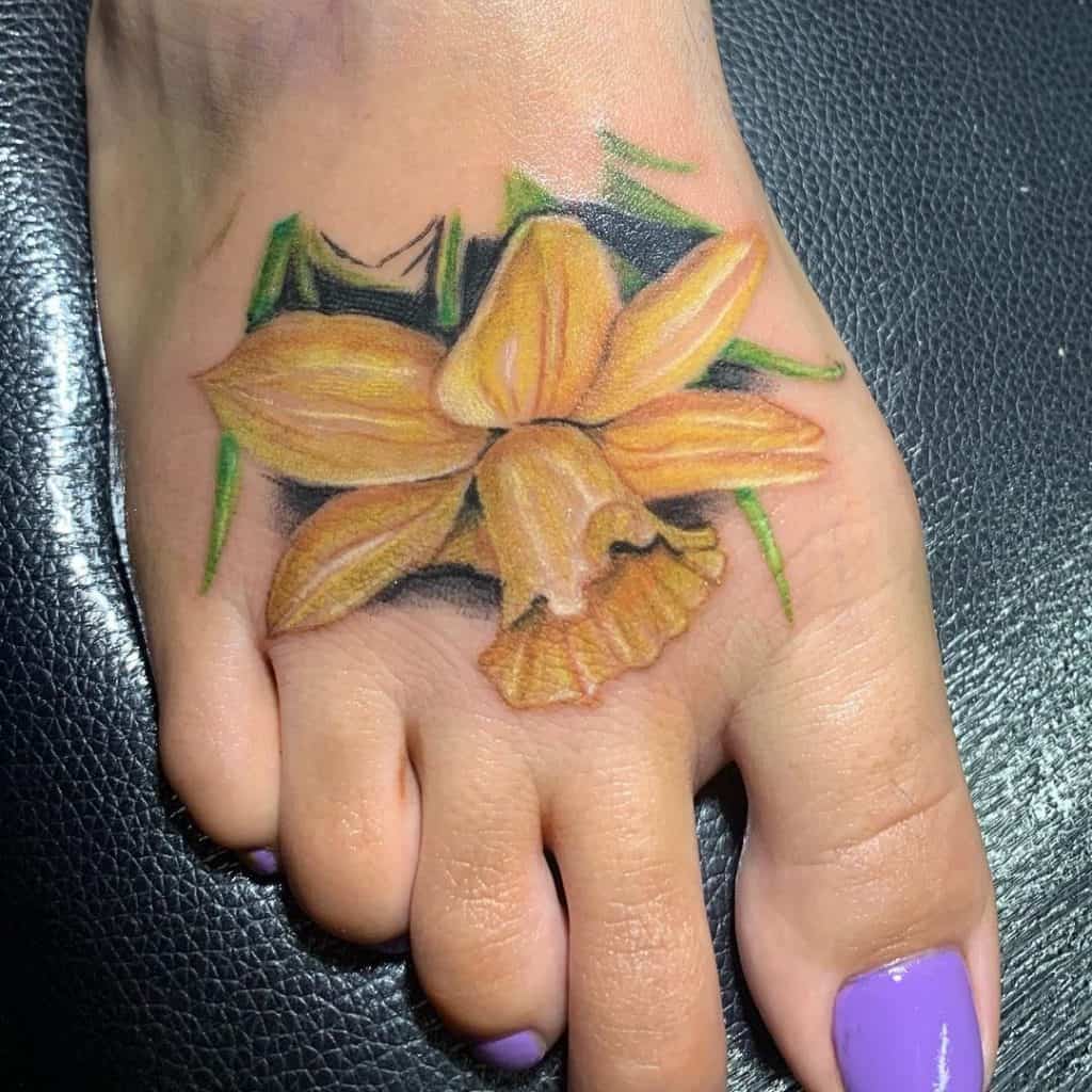 Bright Yellow Flower Foot Tattoo 