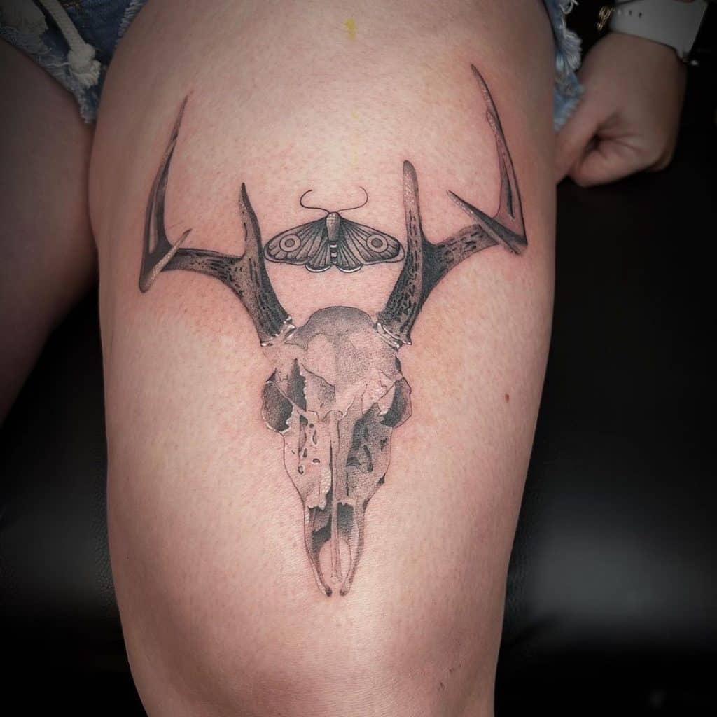 Deer Head Tattoo on the The Thigh area