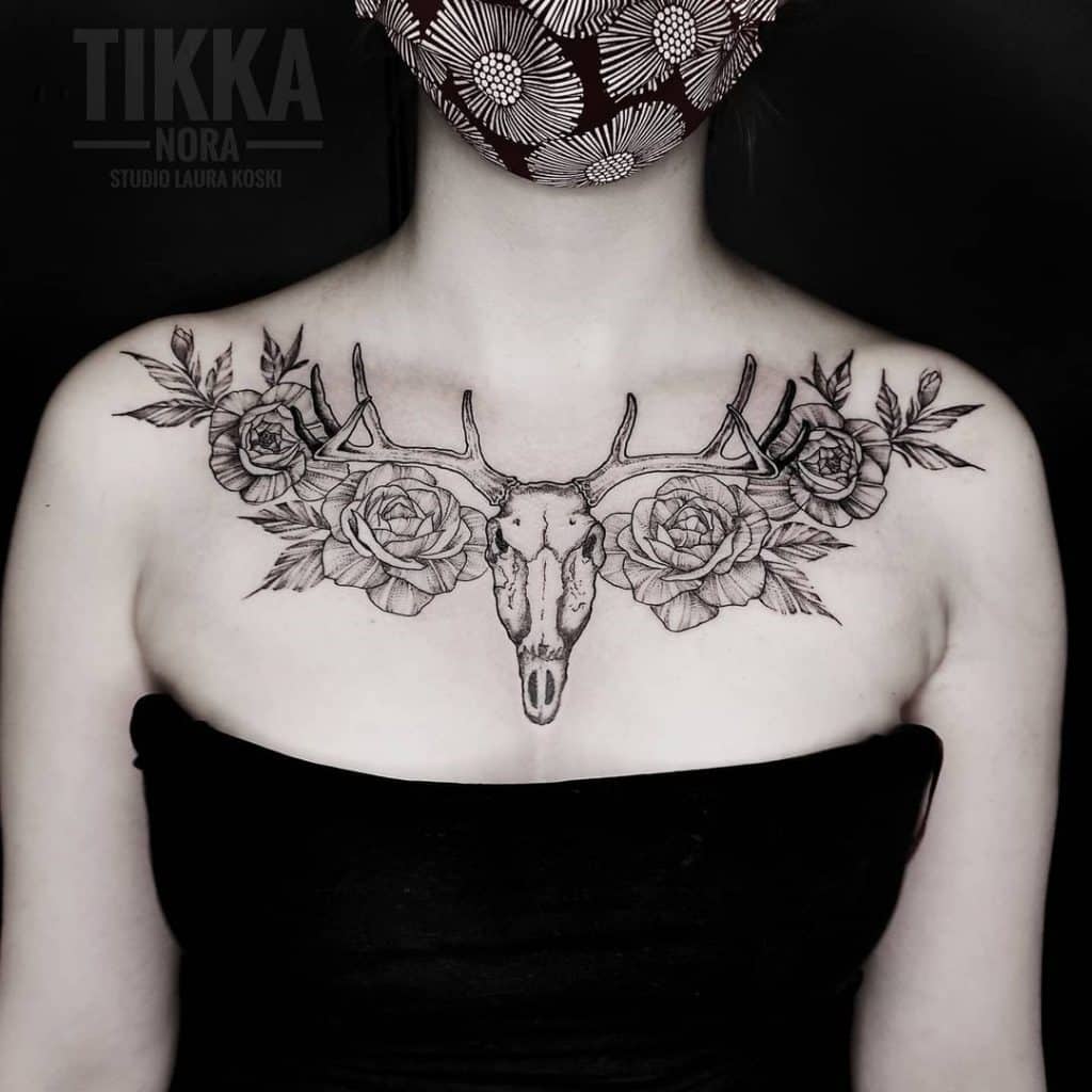 Deer Skull and Flower Tattoo