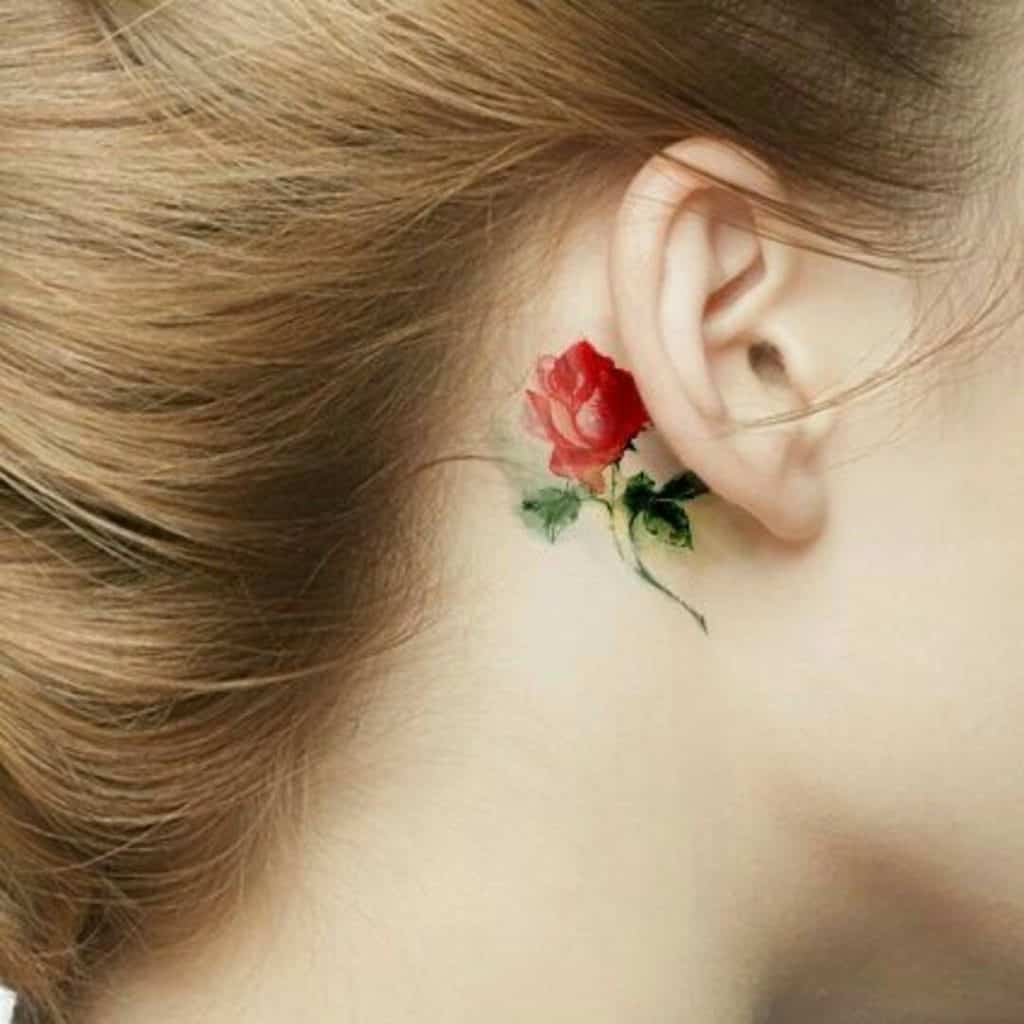 Feminine Red Rose Behind Ear Tattoo