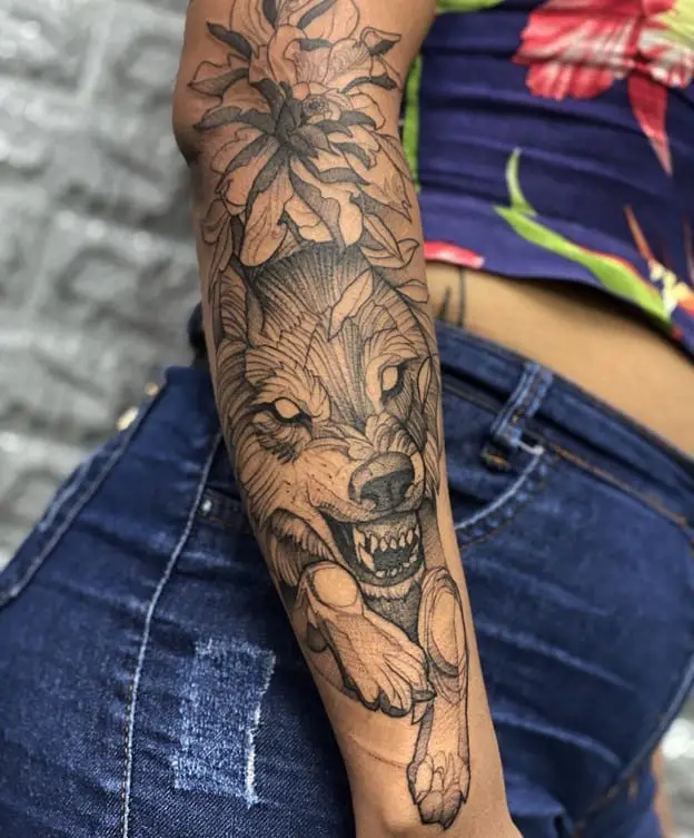 Flower and dog Fenrir Sleeve Tattoo