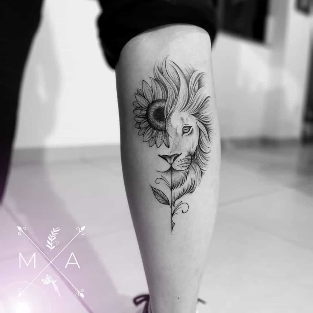 Lion And Sun Flower Leg Tattoo