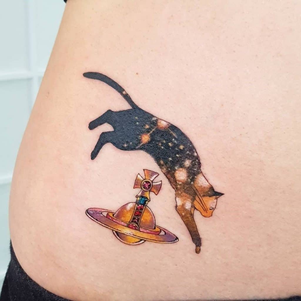 Neon Galaxy Cat Hip Tattoo