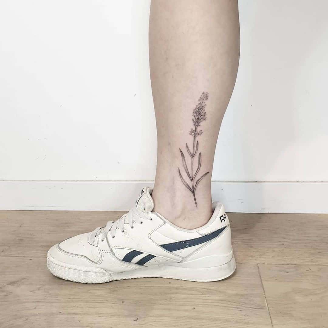 One Lavender tattoo on Medial ankle