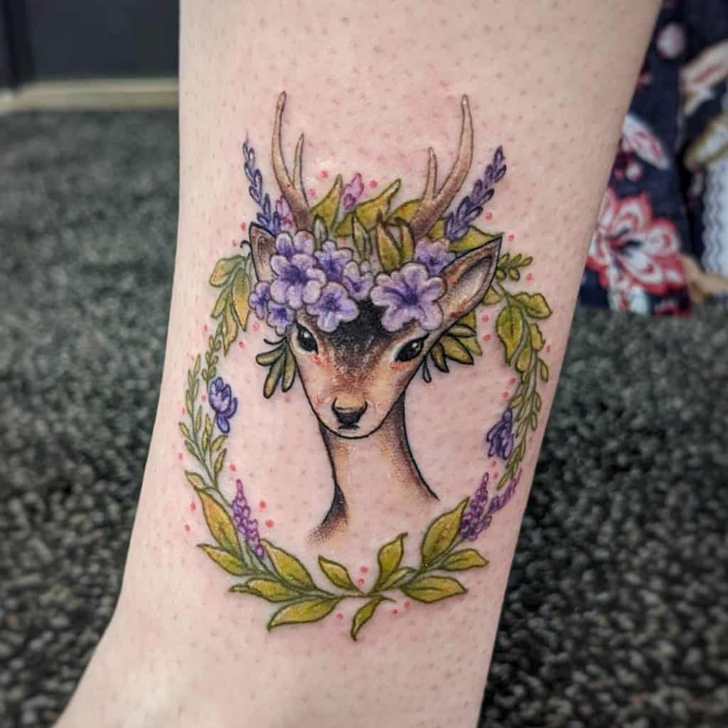 Purple and Yellow Flower Deer Crown Tattoo