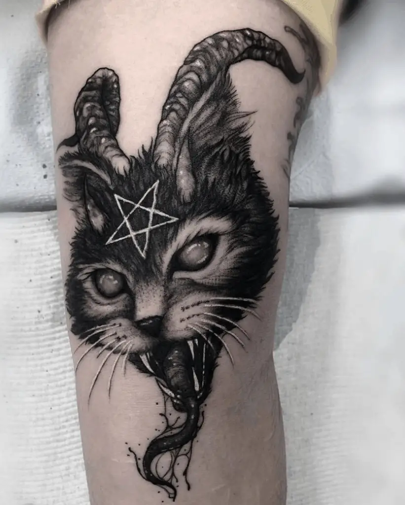 Satanic Cat Tattoo Black Ink Design