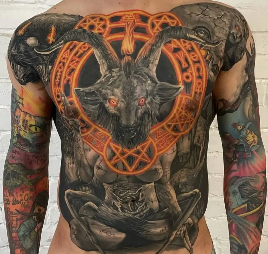 Satanic Ram’s Head Tattoo Over Chest