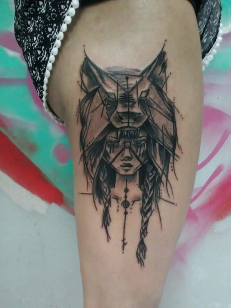 Scary & Mystic Black Ink Thigh Tattoo