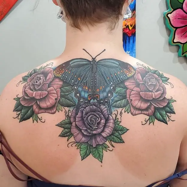 butterfly Flower Upper Back Tattoo