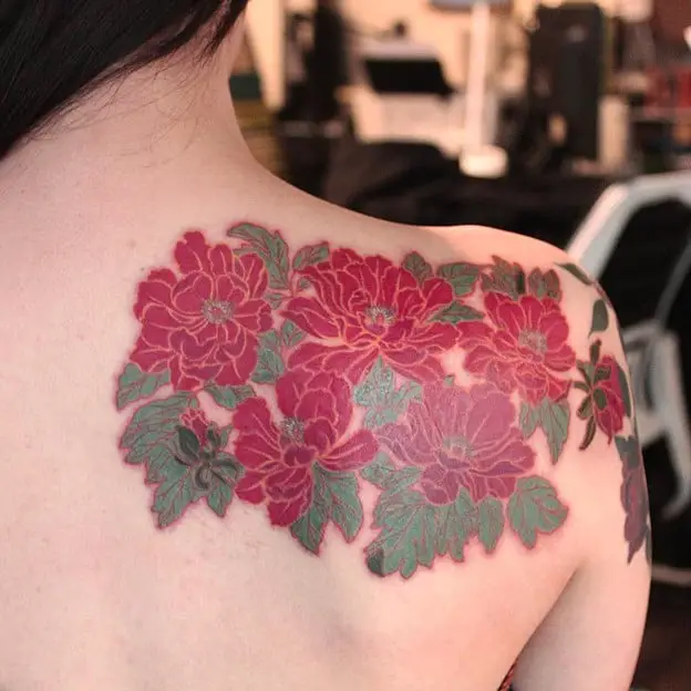 red Flower Upper Back Tattoo