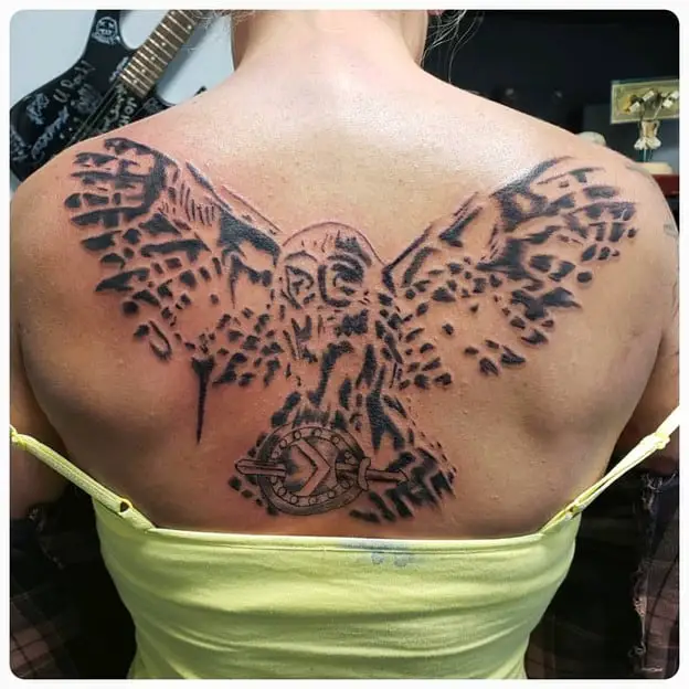 thickly dotted Owl Back Tattoo Upper Back