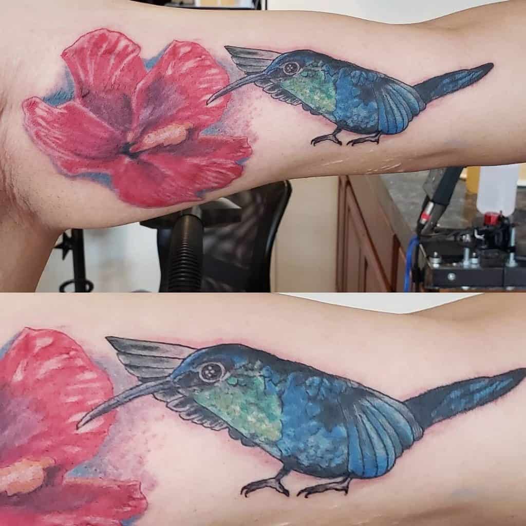 Bird and Red Flower Tattoo