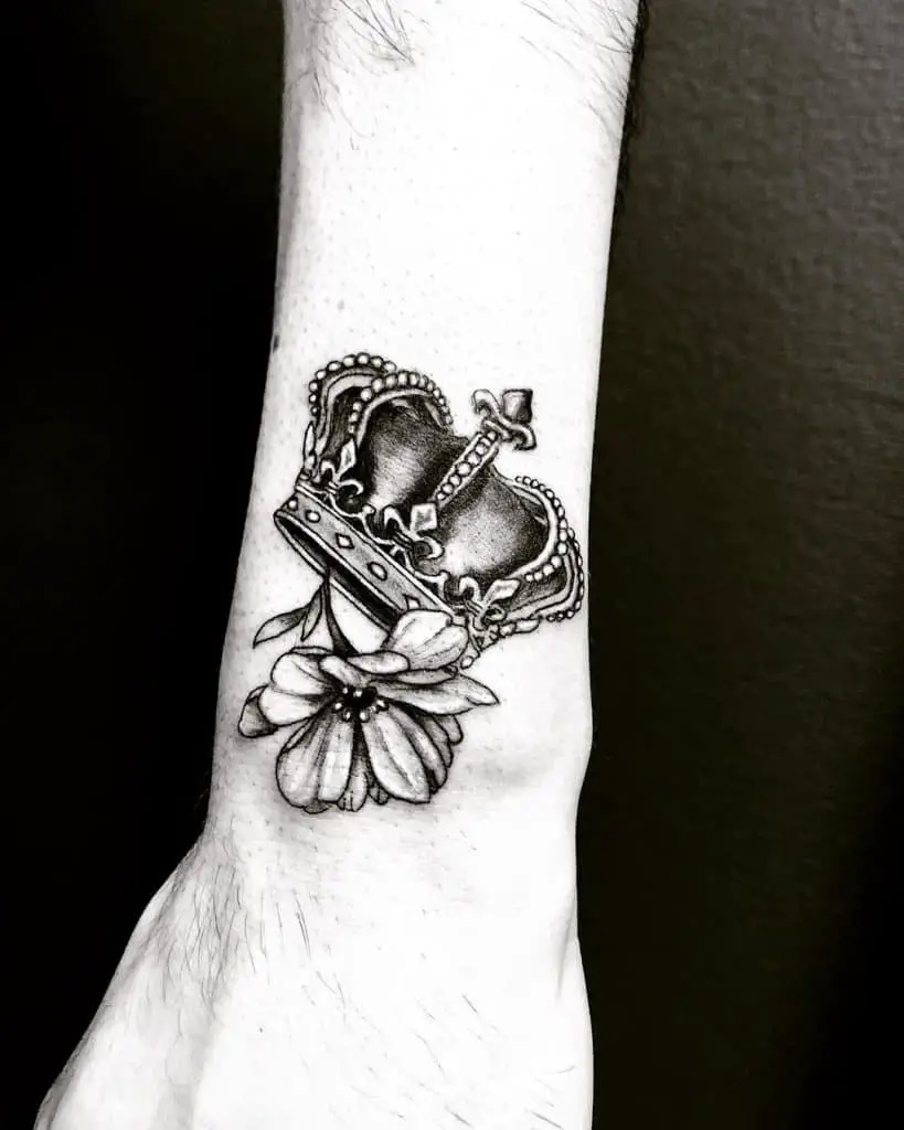Black Crown and Flowers Tattoo