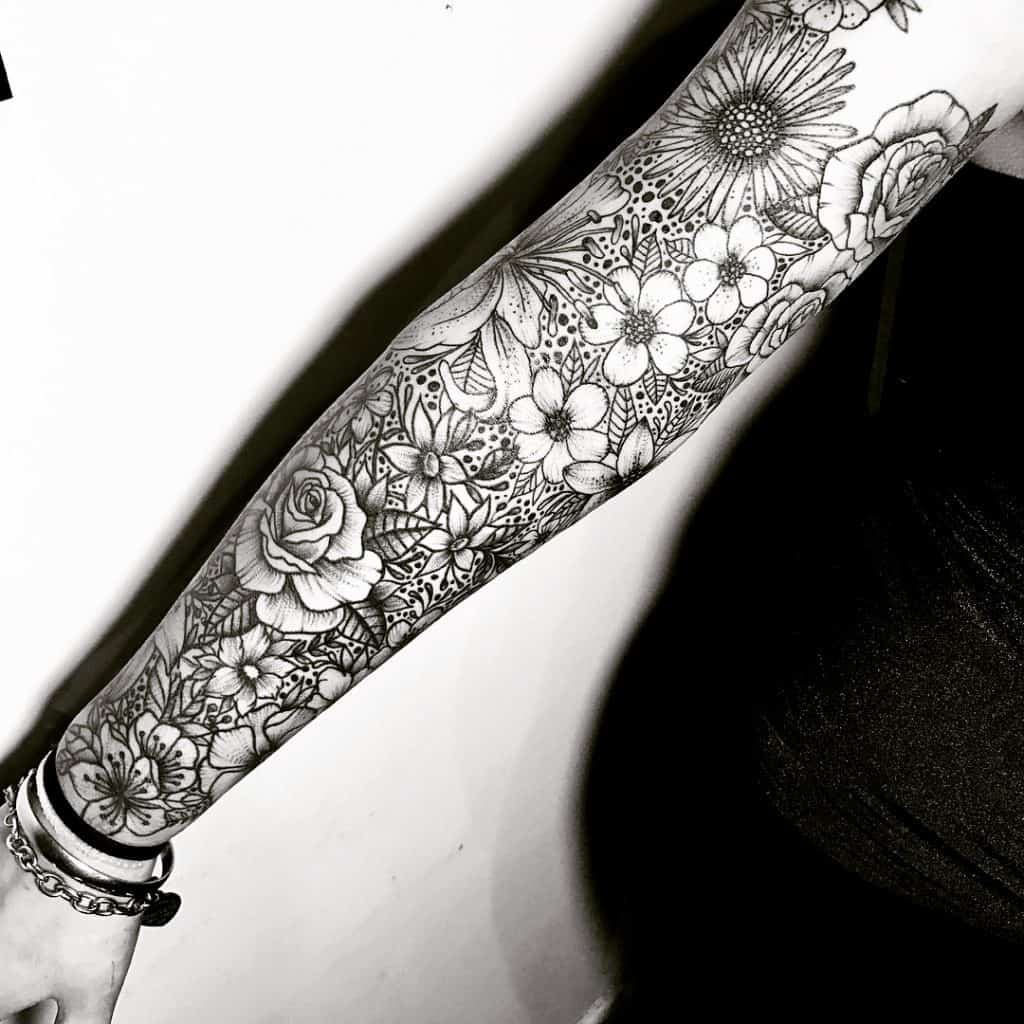 Black and Gray Flower Sleeve Tattoo 2