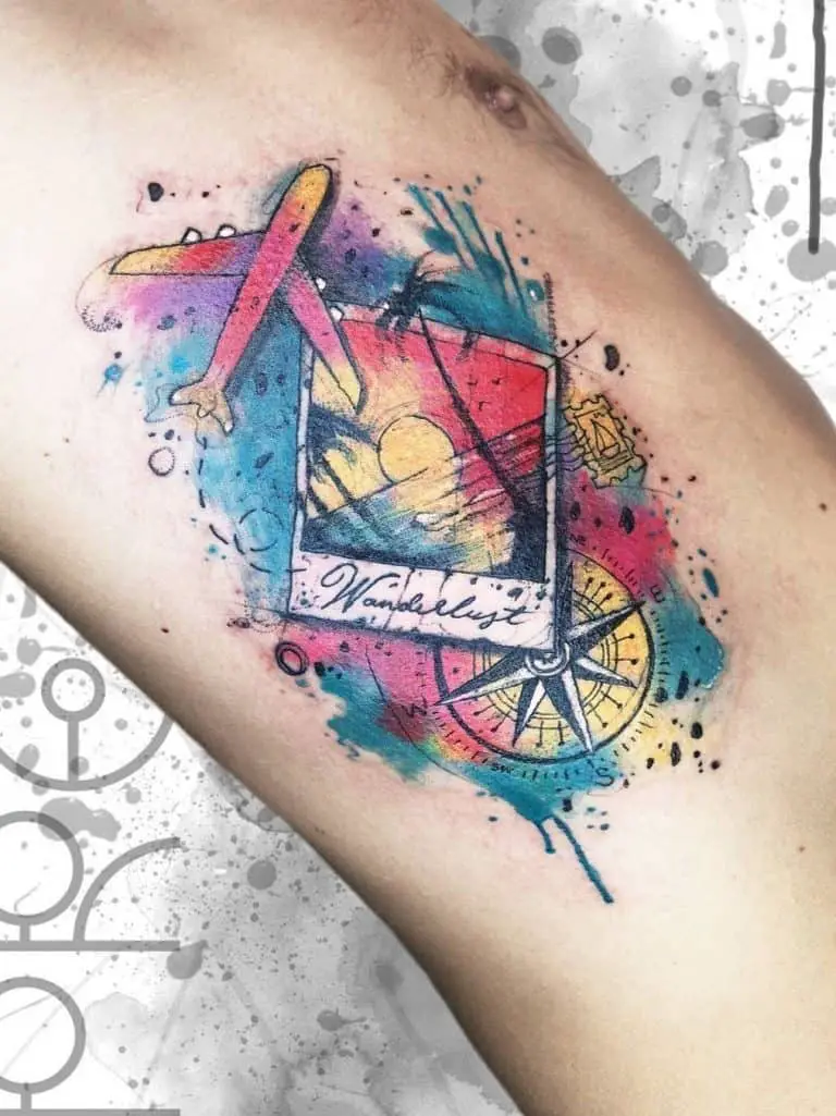 Bright Airplane Tattoo With Compass Idea