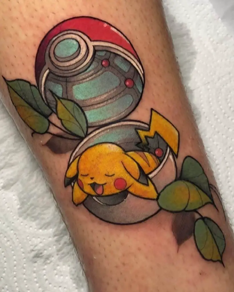 Cute Pikachu and Ball Tattoo