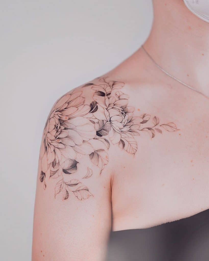 Detailed & Romantic Soft Ink Shoulder Tattoo 