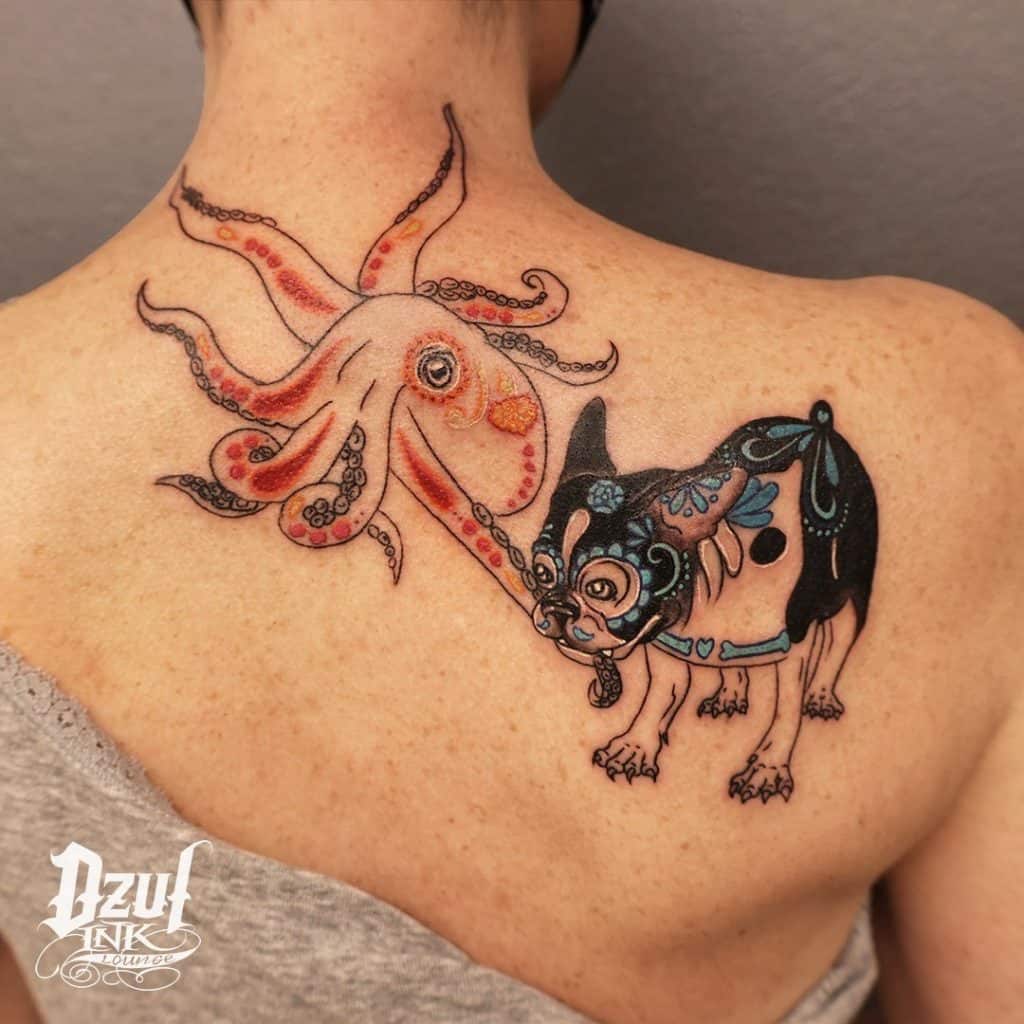Dog and octopus tattoos
