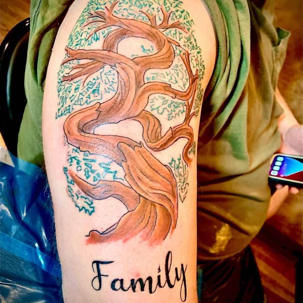 colorful family tree tattoo sleeve women