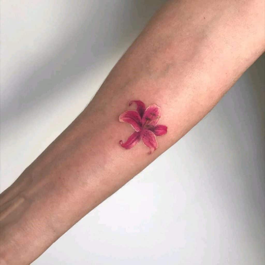 Bright Forearm Pink Lily Tattoo
