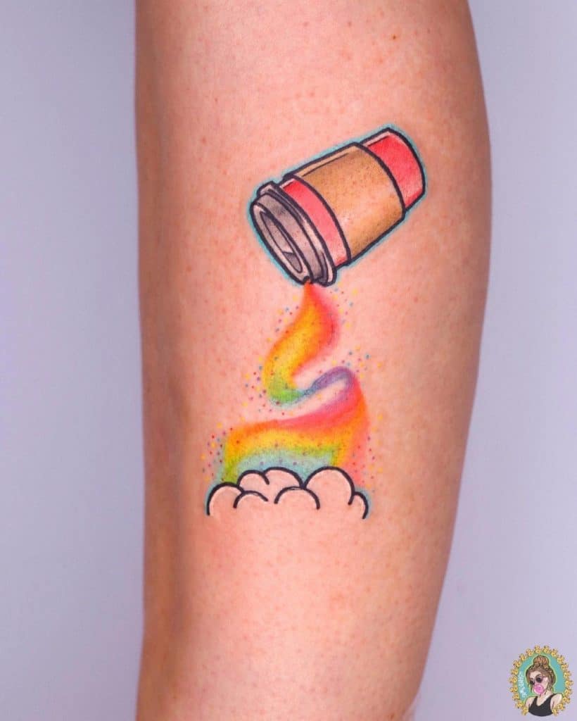 Coffee Rainbow Tattoo With Clouds