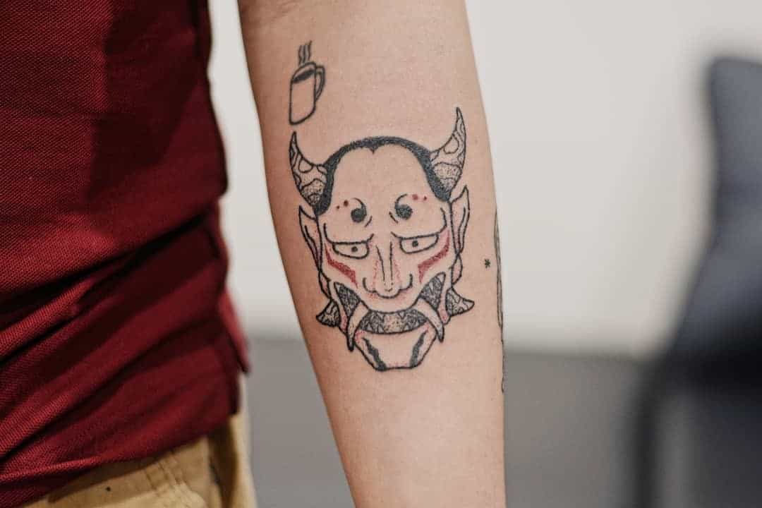 Forearm Oni Mask Tattoo Black Idea