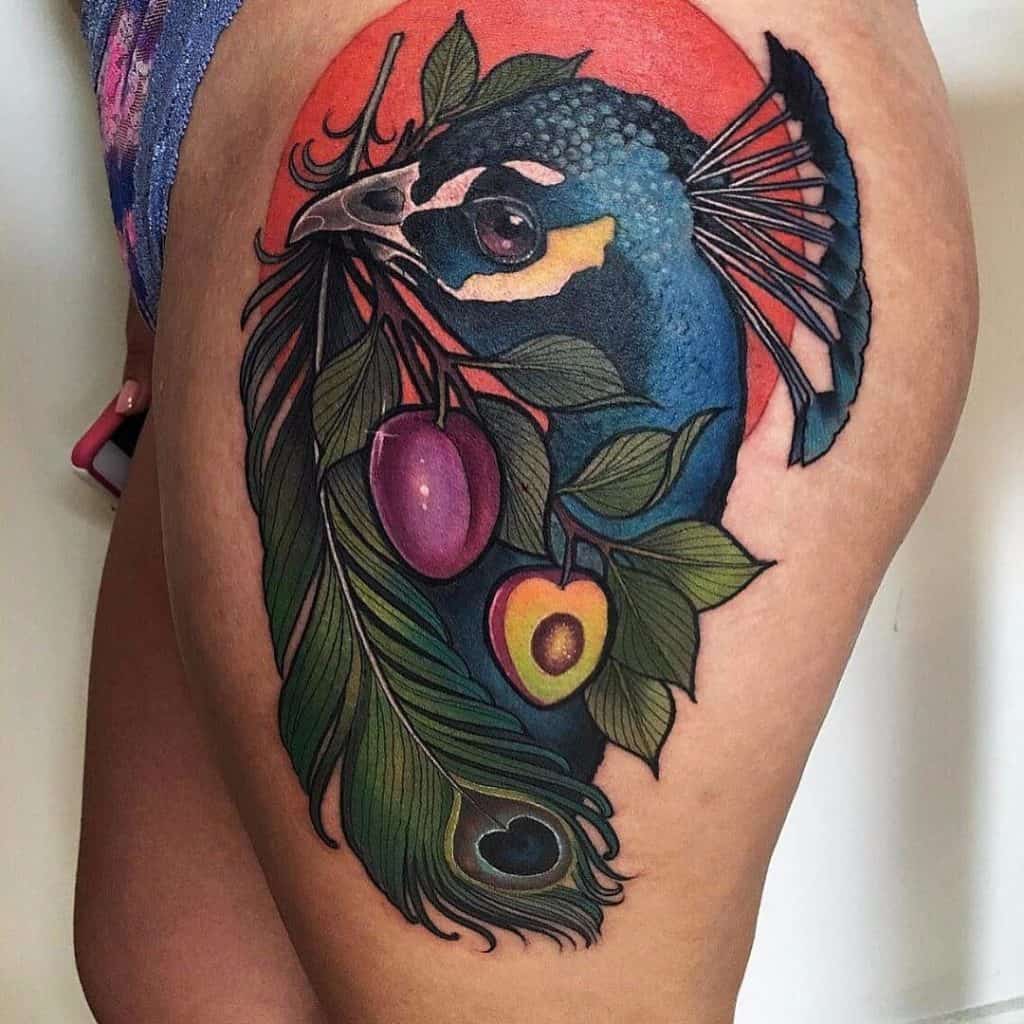 Giant Leg & Thigh Peacock Tattoo 
