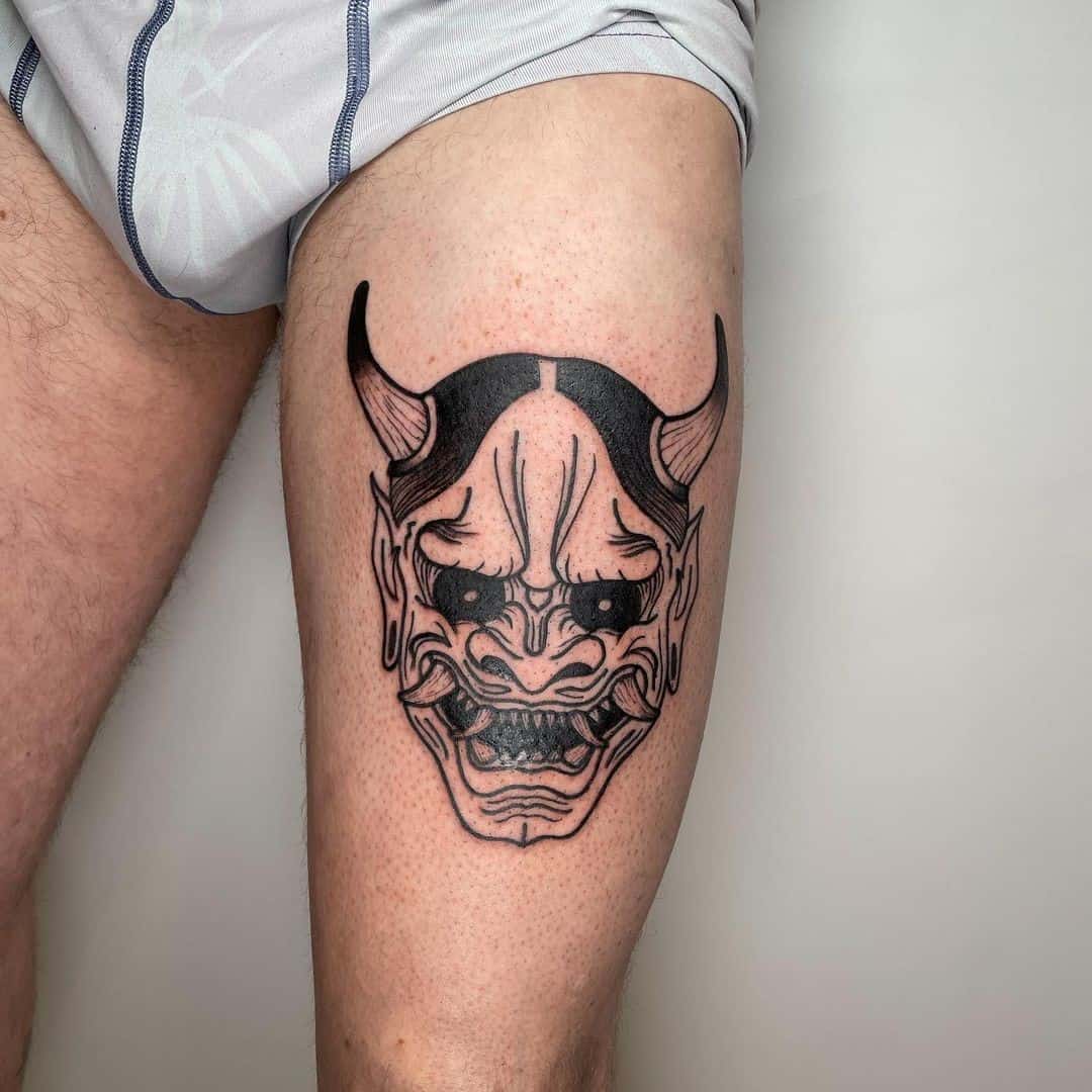 Oni Mask Tattoo Design Thigh Idea
