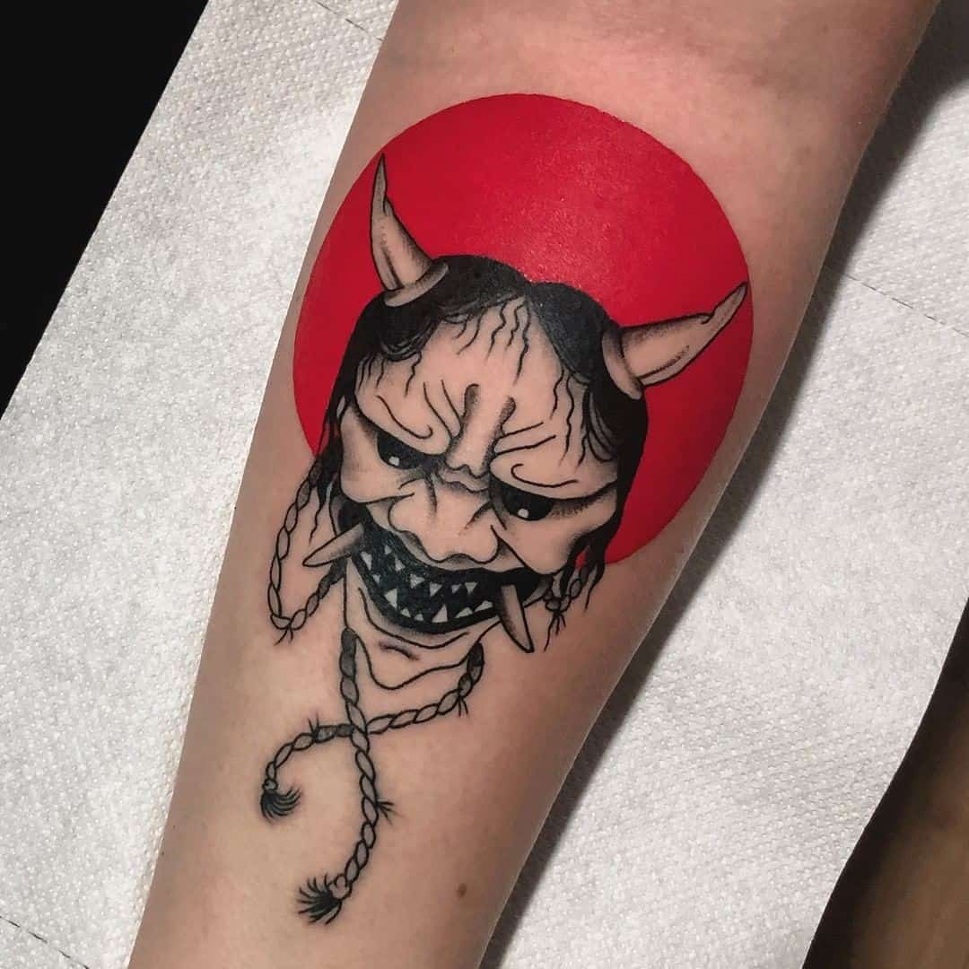 Red Scary Oni Mask Tattoo 