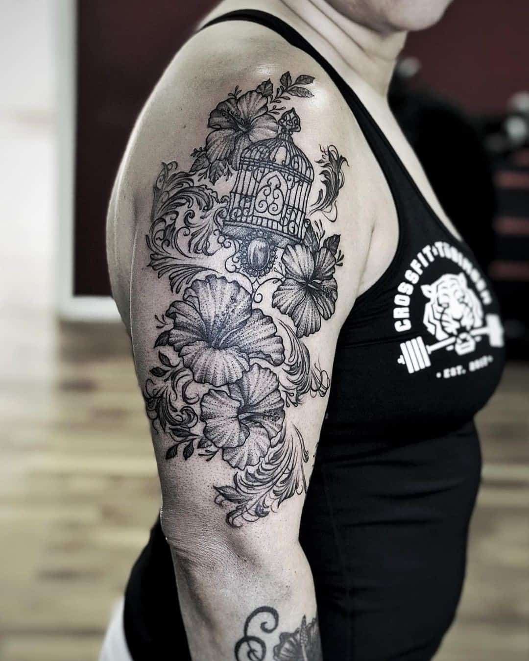 Black Hibiscus Flower Tattoo On Shoulder