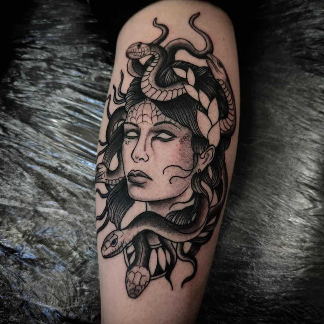Black Scary Medusa Calf Tattoo 