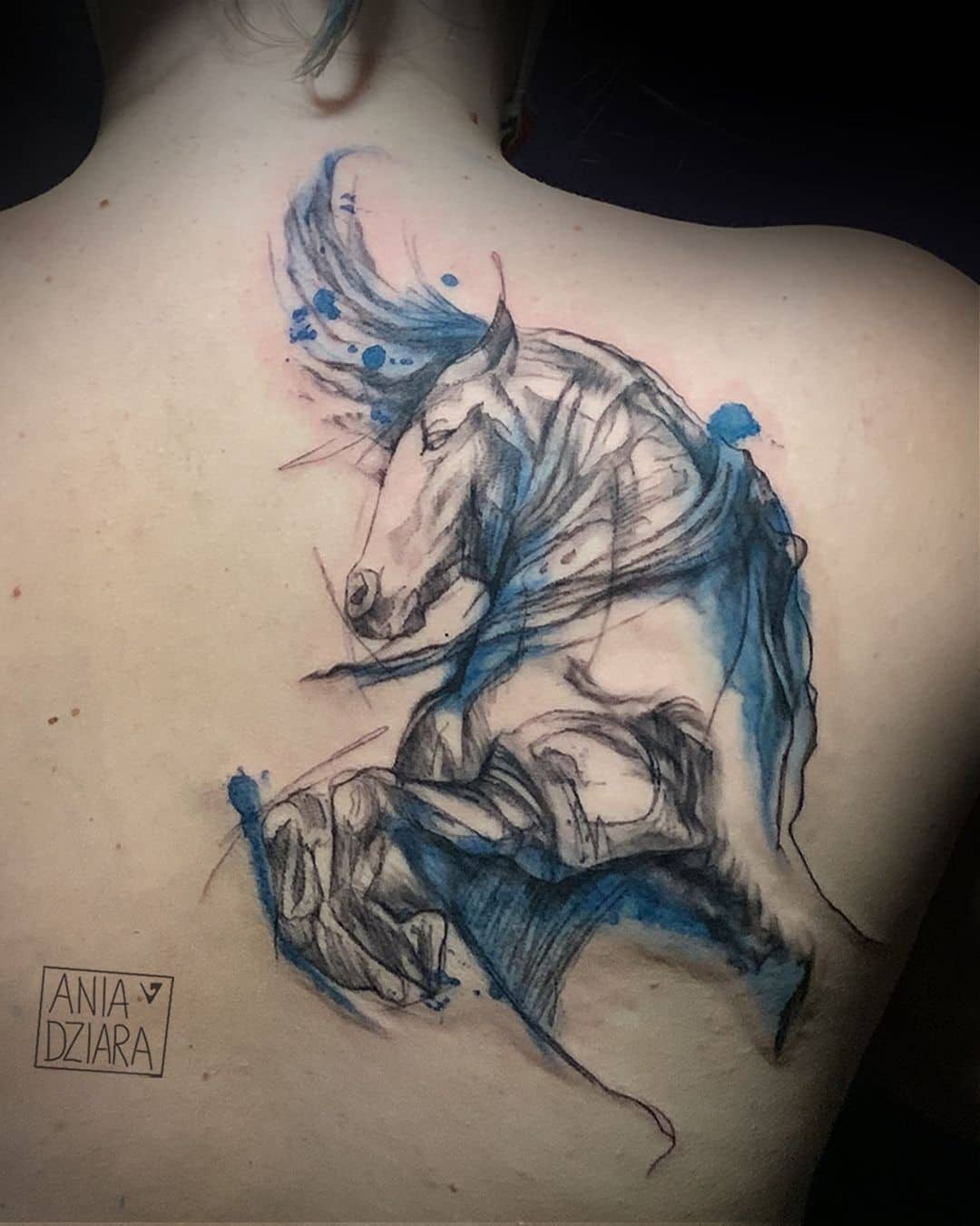 Blue & White Horse Head Tattoo